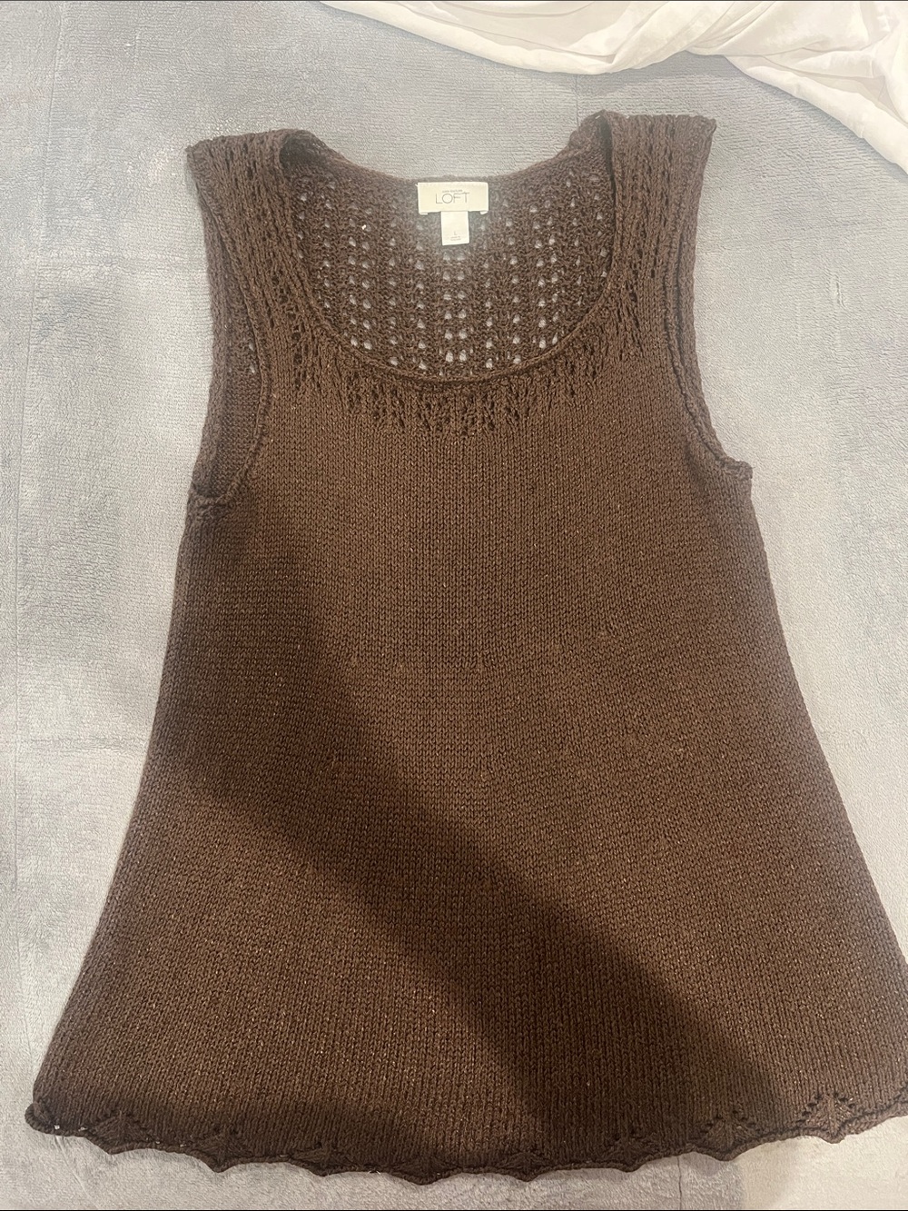LOFT Brown Crochet-Trim Knit Sleeveless Tank
